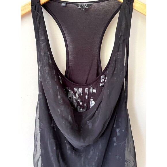 Guess Women's Small Black Sequin Racerback Tank Top Chiffon Cowl Layer in Front - Picture 2 of 10